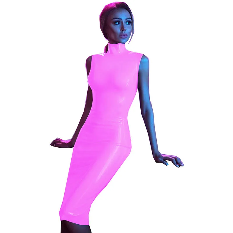 Женское глянцевое Платье До Колена без рукавов с высокой горловиной и бедрами