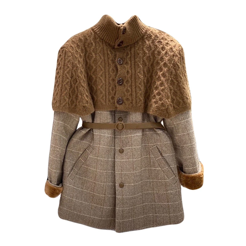 

Winter New Fashion Temperament Thick Fleece Sweater Shawl Cape + Woolen Coat Two-Piece Suit for Women Warm Outwear Trench