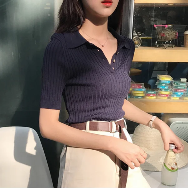 Топ рубашка однотонная темно синяя с коротким рукавом дышащие