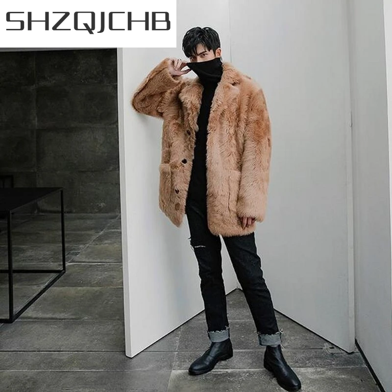 

JCHB 2021 Top Quality Winter Fashion Mens Sheepskin Shearling Outwear Coats Single Breasted Medium Length Real Fur Male Straight