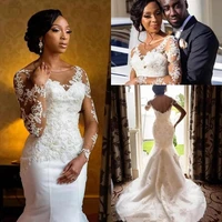 plus size mermaid wedding dress 2021 african black girls sheer lace long sleeve wedding gown sexy sweep train bridal dresses