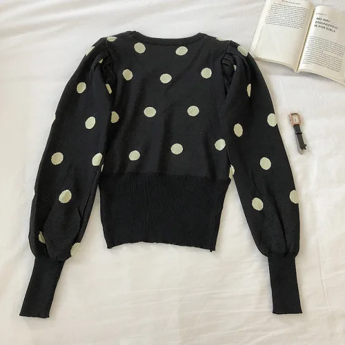blcak pullover Woherb, в горошек, с круглым вырезом, Длинные пуловеры с рукавами в форме фонаря, милый тонкий приталенный вязаный свитер для женщин, Осень-зима, модные Джемперы 91295 - Цвет: blcak pullover