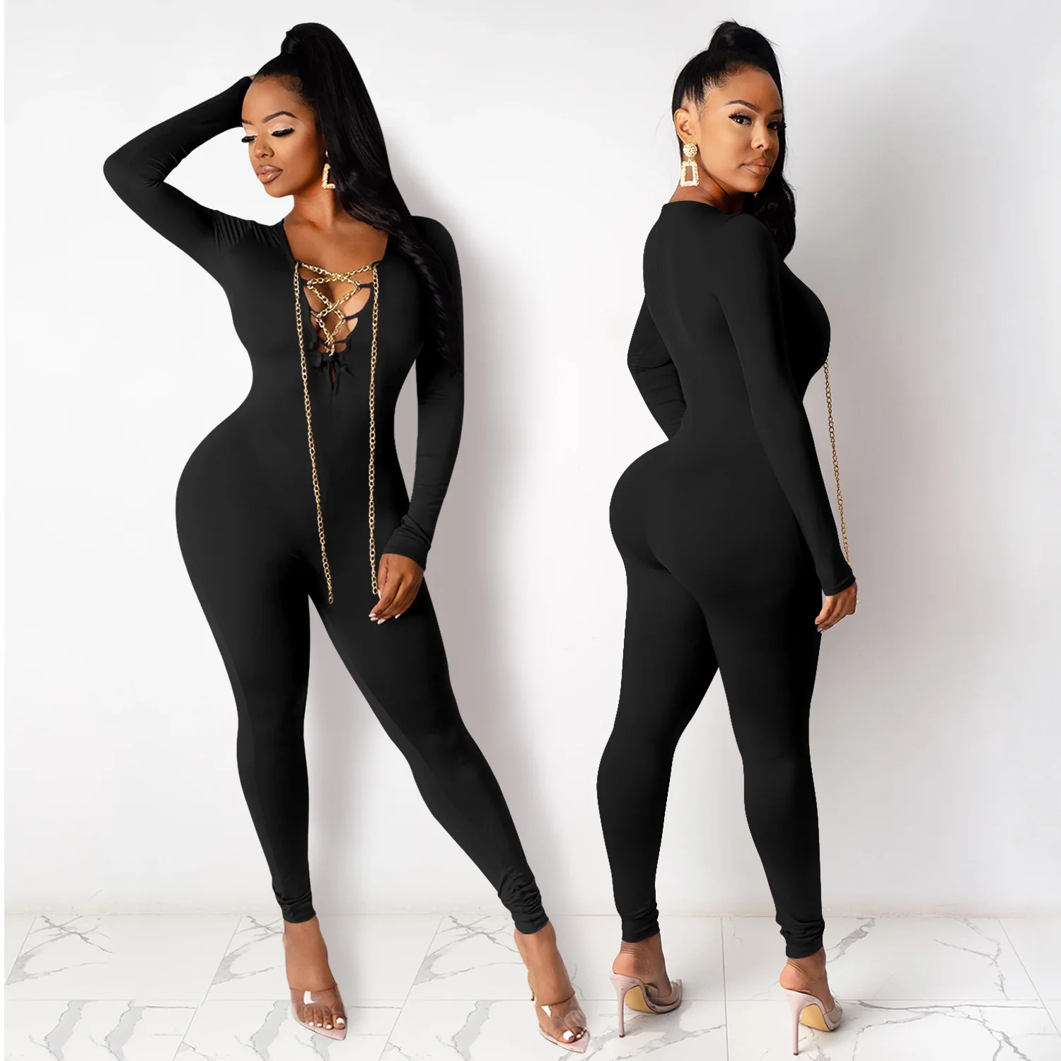 

Fitness Jumpsuit Women Sexy Bodycon Chain Lace Up Long Sleeve Romper Elasticity Playsuit Streetwear Jumpsuits Body Femme 2021