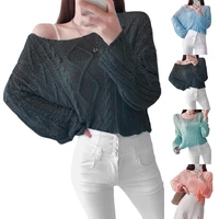 womens knitted sweater long sleeve hollow out pullover tops casual plain jumper