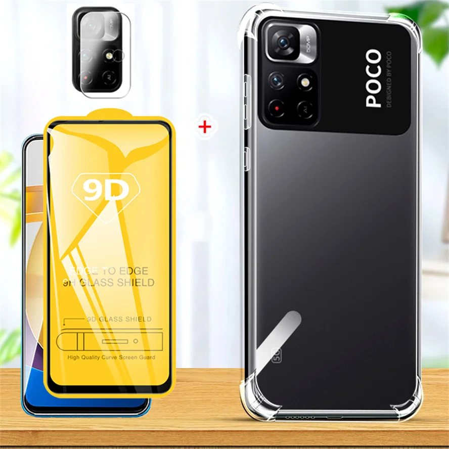 

3-in-1, case for poco-m4 pro 5g shockproof silicone phone cases poko m 4 pro xiaomi poco m3 pro 5g glass case poco m4 pro cover