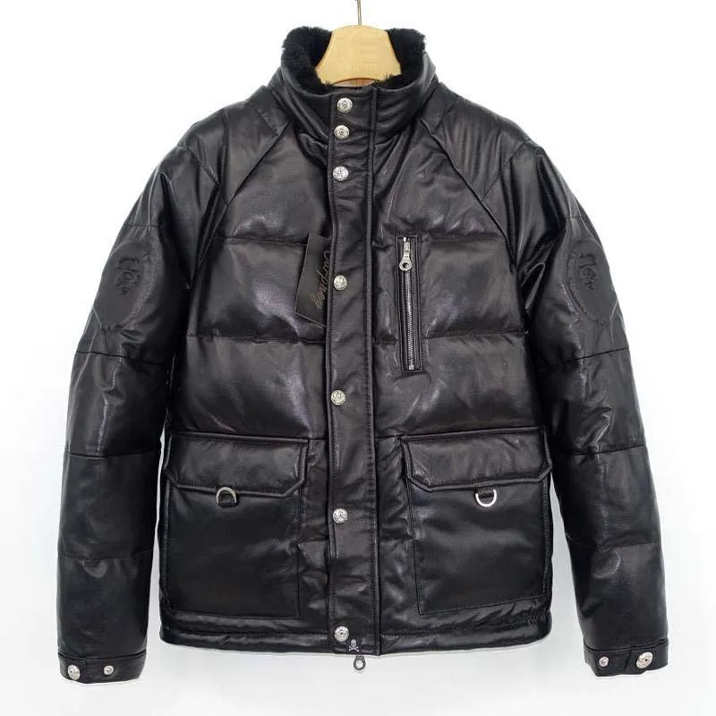 Новинка 2019 зимнее Мужское пальто из натуральной овечьей кожи на утином пуху