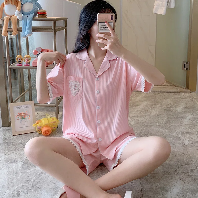 Womens Love Lace Pajamas Summer Cardigan Thin Student Short Sleeved Cotton Suit Cute Sweet Spring and Autumn Homewear