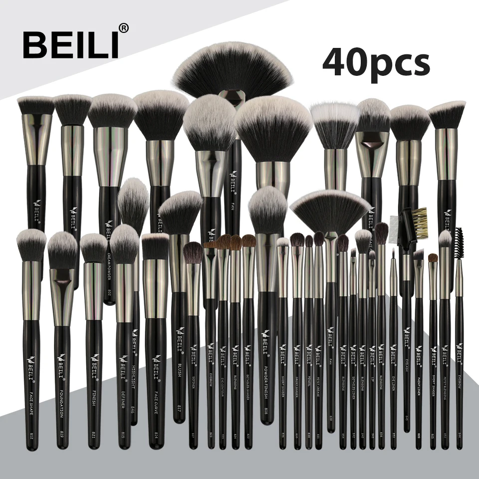 Набор кистей для макияжа BEILI Black 40 профессиональных Мягкая натуральная щетина