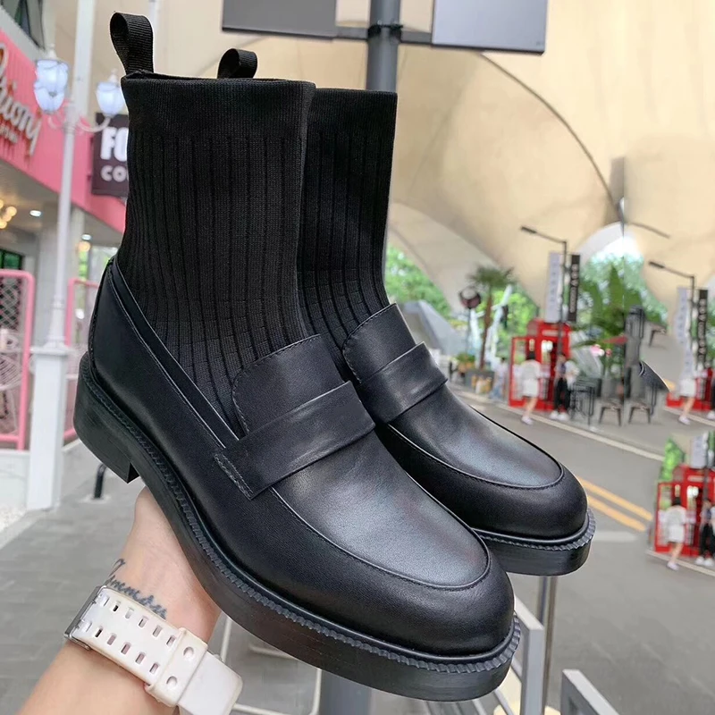 Новинка женские вязаные ботинки Stovepipe эластичные носки из натуральной кожи на