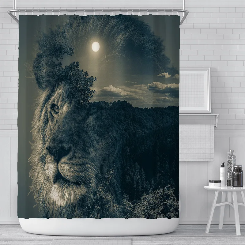 

180x180cm Shower Curtain Waterproof Bathroom Curtain Lion Pattern Toilet Laundry Room Farmhouse Decor Watertight Bath Curtain