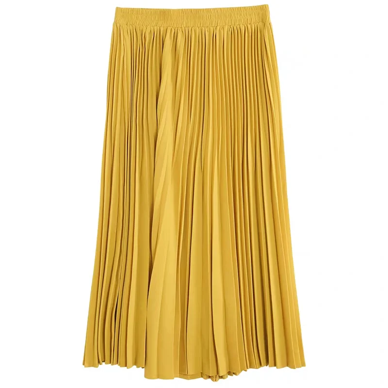 

Summer Yellow Long Chiffon Skirt Office Lady England Preppy Style High Street Elastic Waist Basic Accordion Pleated Skirts