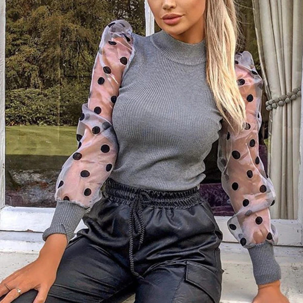 Женская Весенняя сетчатая пышная рубашка с длинным рукавом ребристая Тонкая