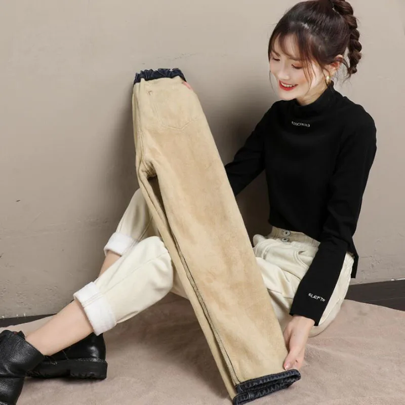 

Casual Fashion Velvet Straight Women Jeans 2021 Autumn Winter Harajuku Denim Harem Pants Boyfriend High Waist Jeans Black Pants