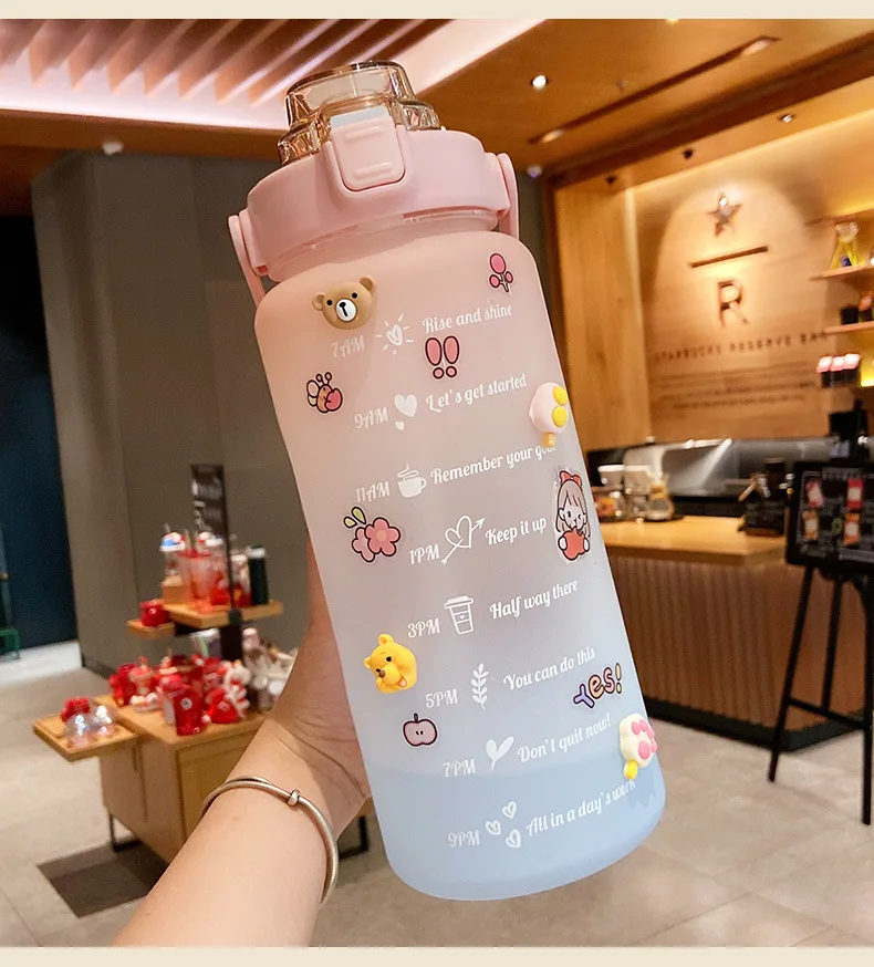 

2000ML Water Bottle with Sticker Straw Large Capacity Cute Portable Scale Bottle for Water Outdoor Journey Travel Drink Jugs