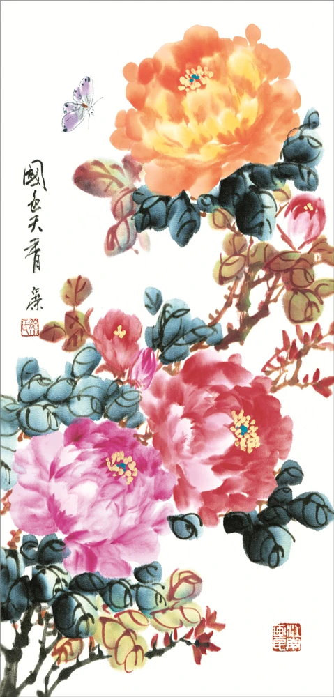 

Wall Silk Scroll Hanging Artwork Painting,Chinese scroll painting landscape art painting home decoration picture - peony