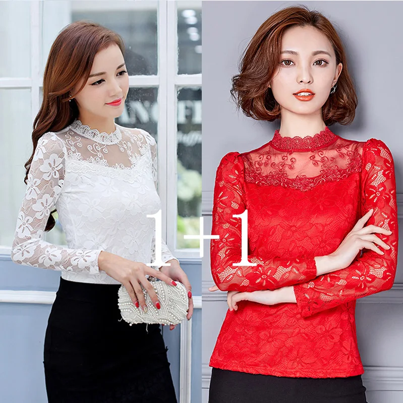 Femininas Blusas, женские блузки, весна-осень, модные сексуальные облегающие Рубашки, Топы, кружевные, с длинным рукавом, с круглым вырезом, для отдыха, черные/белые S-5XL - Цвет: White-Red