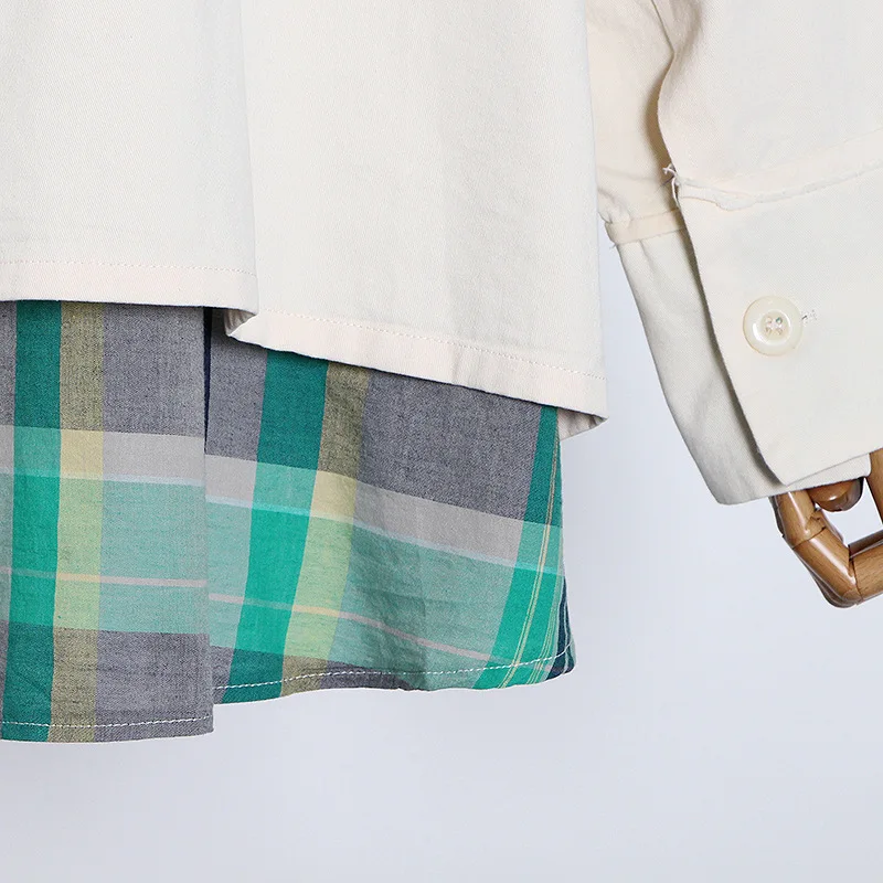 

2021 New Beige Jacket Lapel Long Sleeve Patchwork Plaid Loose Fake Two Piece Coats Female 2020 Fashion Denim Clothing NJ2