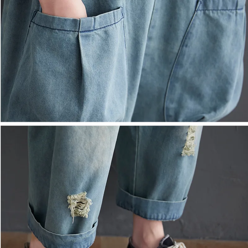 

#1612 Summer Vintage Rompers Womens Jumpsuit Hole Vintage Denim Jumpsuits Ladies Spaghetti Strap Long Jumpsuit Femme Big Pockets