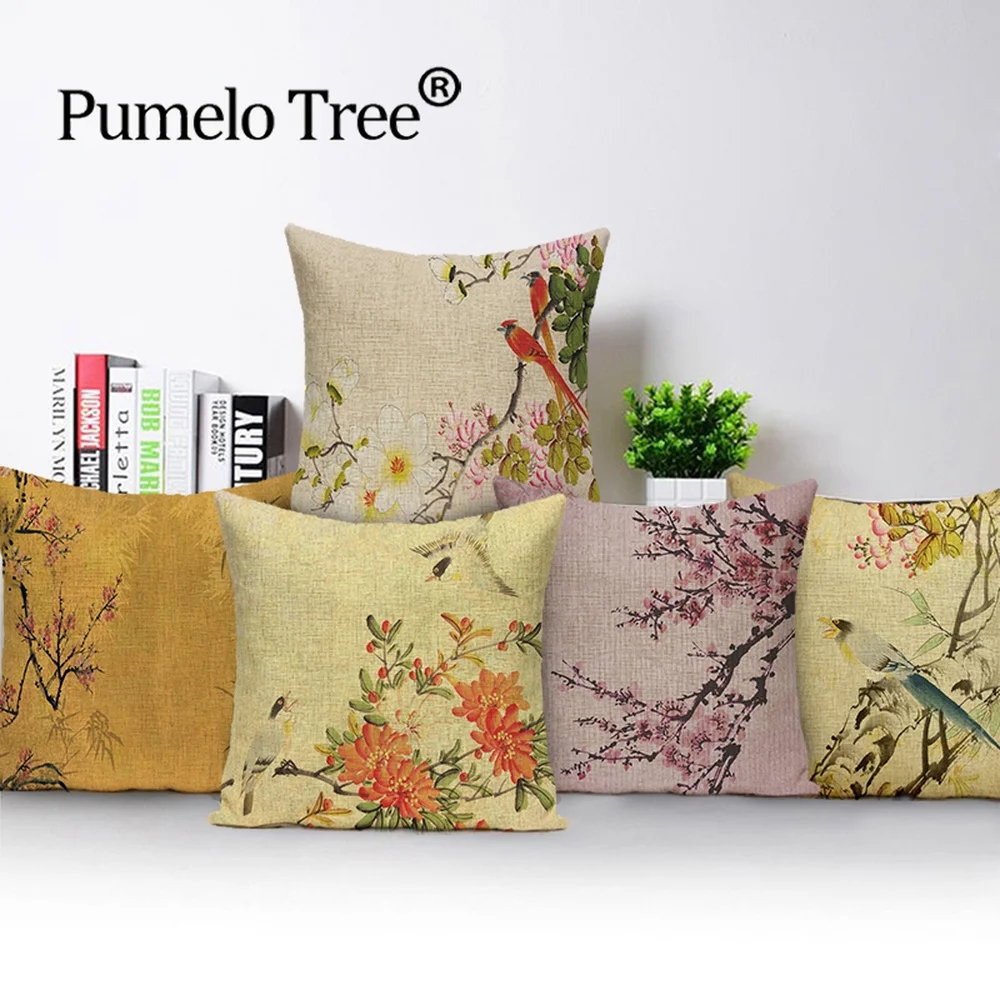 

Flower Pillow Cover Little Bird Home Decor Cushion Case Linen Pillows Case Plant Cushions Cover Sofa Bed Pillow Covers Almofadas