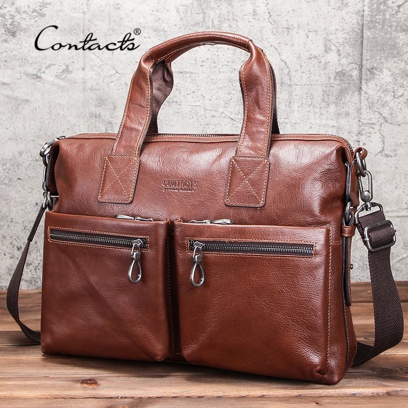 CONTACT'S Business Men Briefcase Vegetable Tanned Leather Man Laptop Bag Brand Male Shoulder Messenger Bags Tote Design Maleta