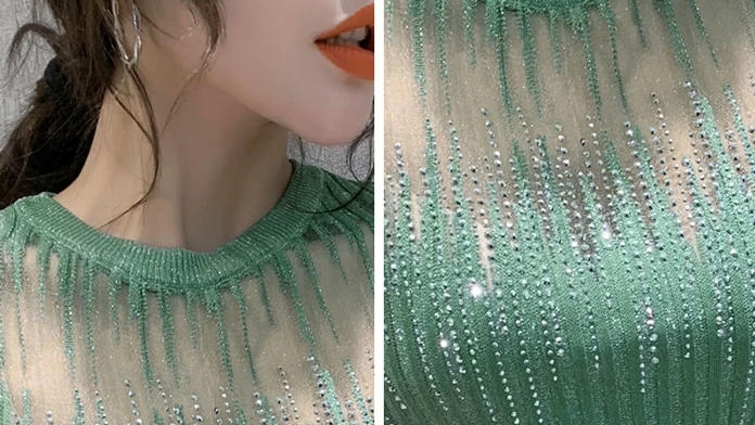 

Summer Korean Clothes Knit T-shirt Sexy Diamonds Transparent Women Tops Ropa Mujer Shirt Short Sleeve Elastic Tees 2021 T04915