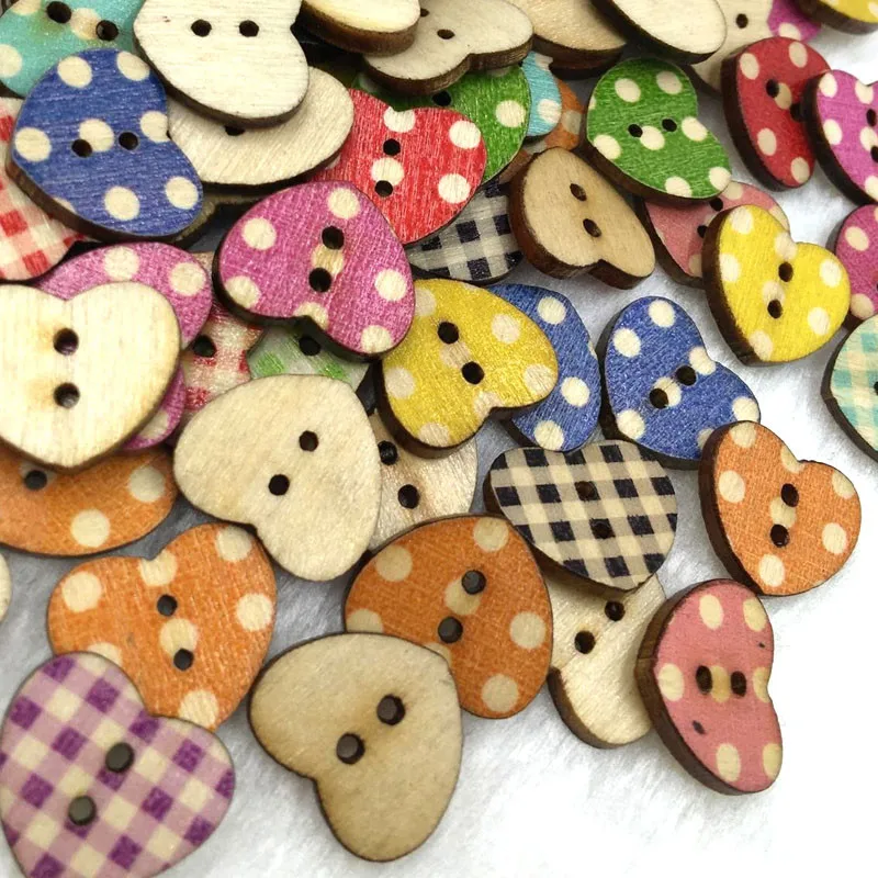 

50PCs Multi Color Heart Pattern Wooden Buttons For Craft DIY Scrapbooking Decorative 2 Holes Buttons 15mm WB341