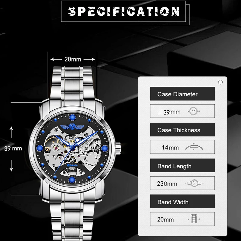 Лидирующий бренд WINNER синие стрелки из нержавеющей стали Скелет открытая работа