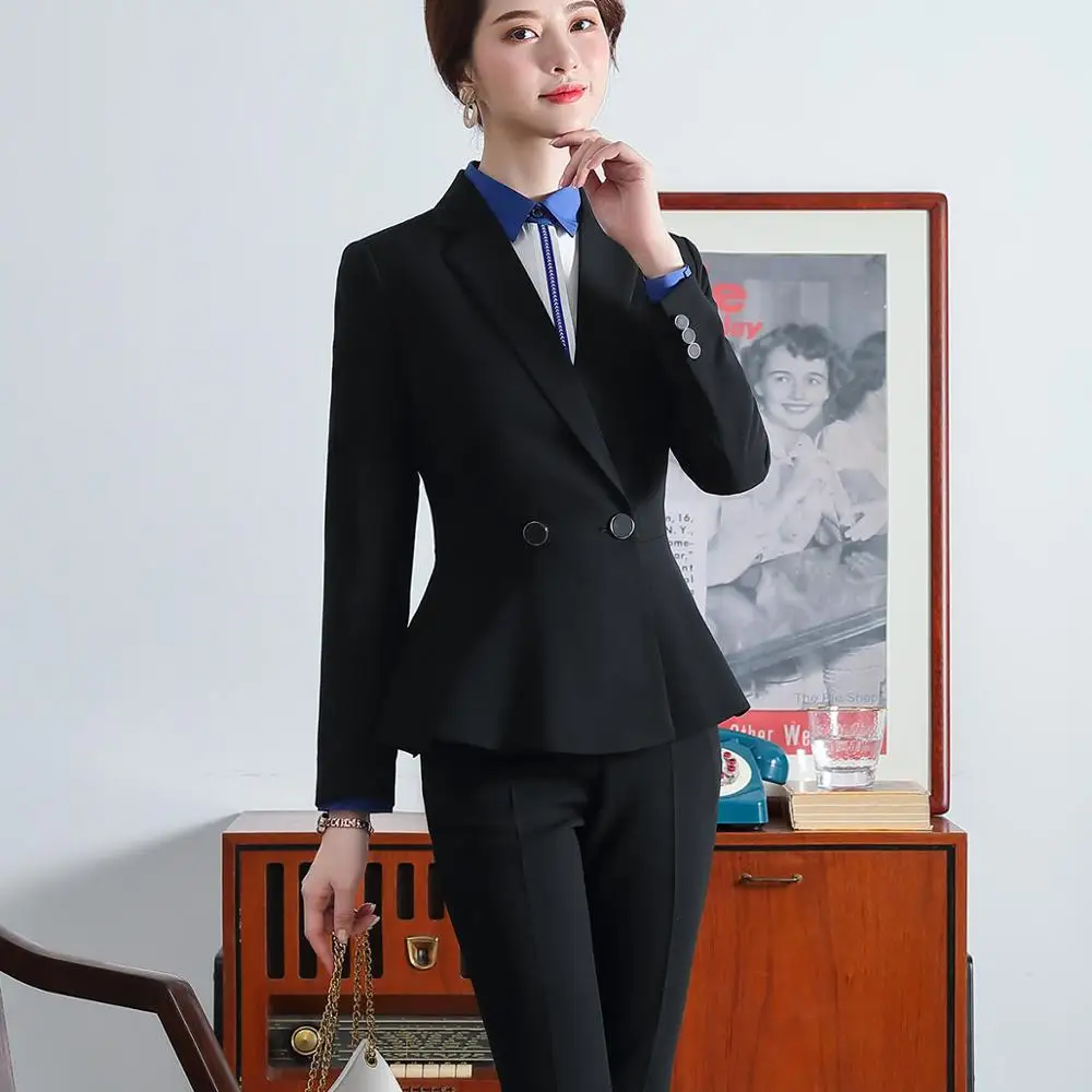 

2019 High quality blue women pant suit 2 pieces sets suit 5XL ruffle blazer and pant RED WHITE BLACK