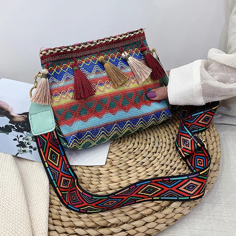 

Женская Диагональная Сумка в этническом стиле, маленькая квадратная сумка через плечо с кисточками, лето 2021