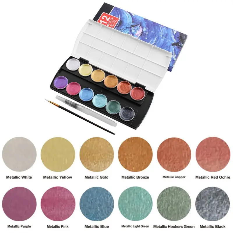 

Handmade 12 Color Glitter Water Color Set Metallic Gold aquarela Pigment Paint Artist Painting