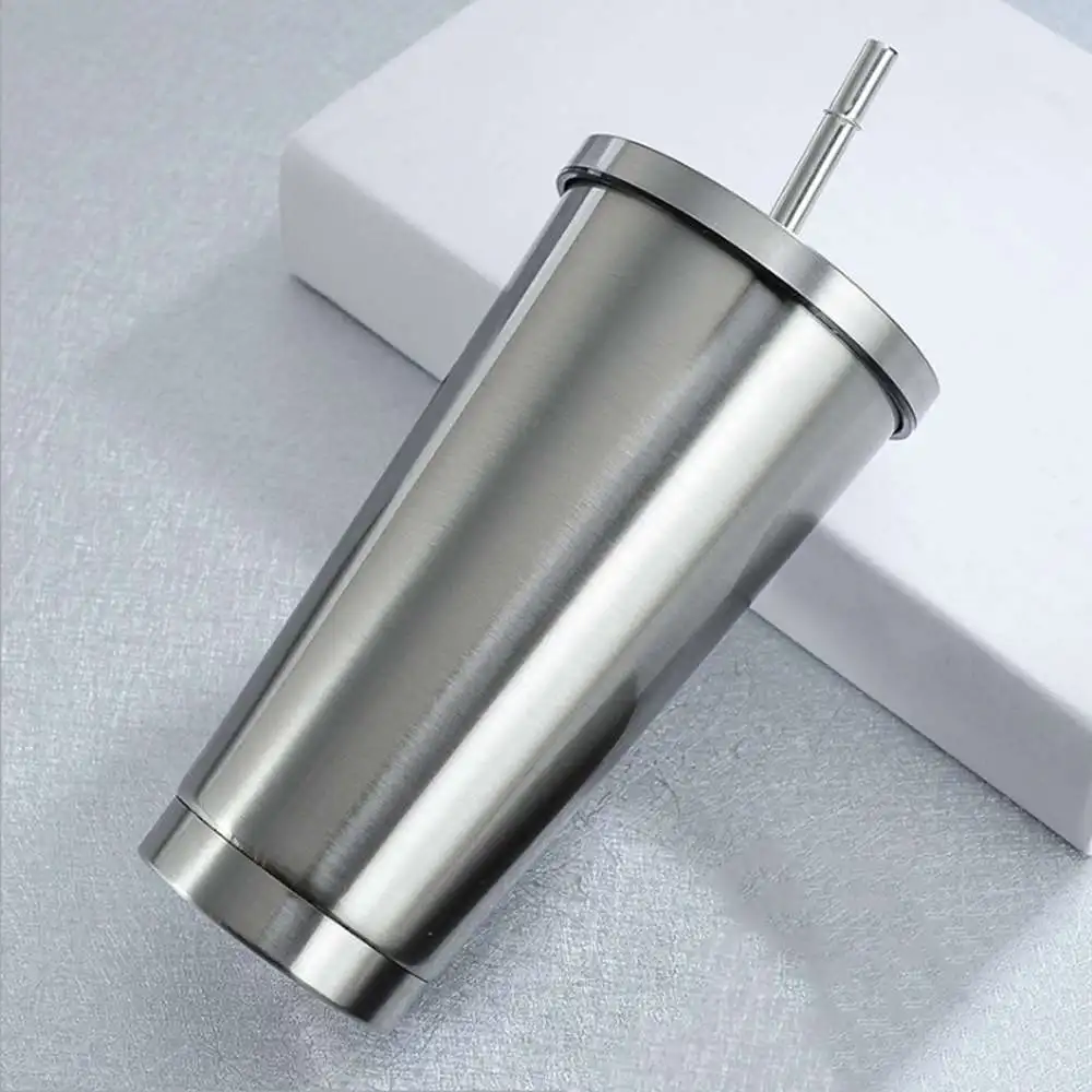 

Insulated Cup Mug Straw Double Wall Bottle Silver Outdoor Stainless Steel Vacuum Flask Straw Cup