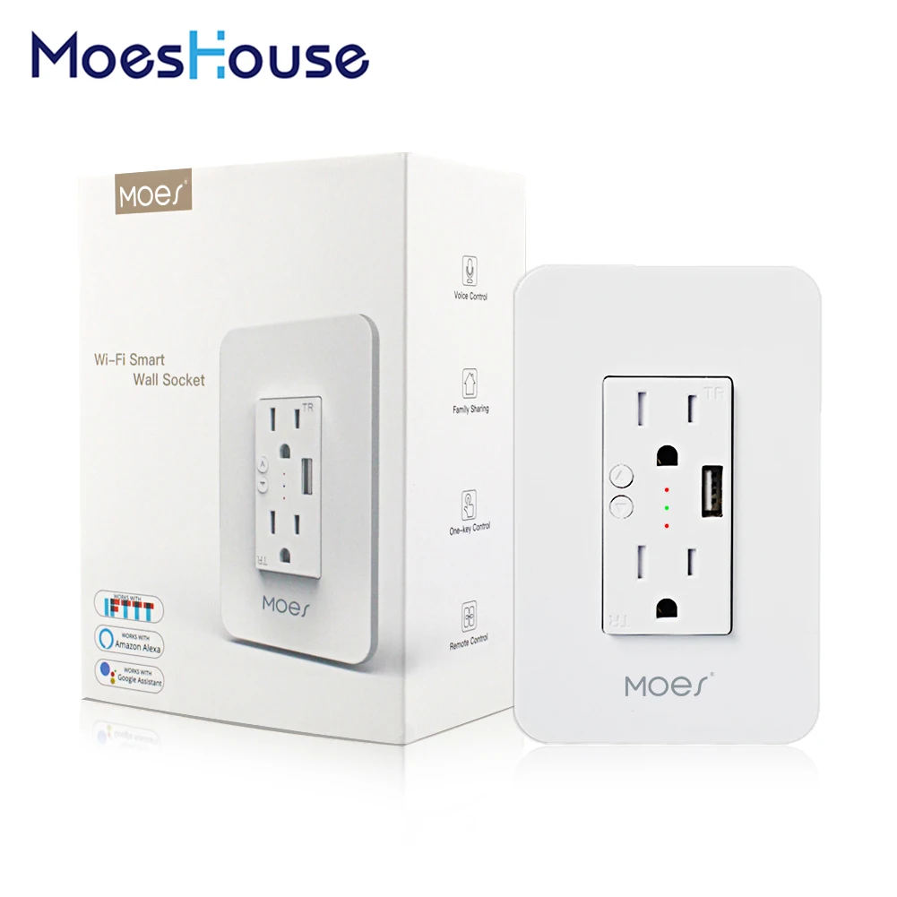 

Wifi Smart Wall Power Outlets Plug with 2 USB Socket Smart Life/Tuya APP Remote Control Anywhere Work with Alexa Google Home