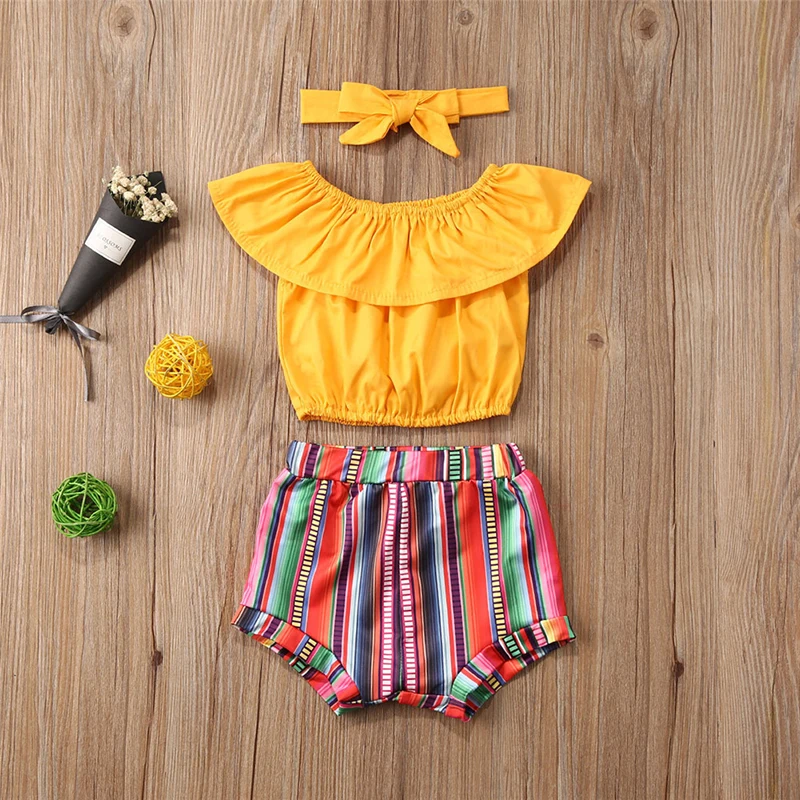 Menoea 0-5Y Children's Sets New Summer Style Girl Cute Clothes Toddler Baby Yellow Top Striped Pants Outfits Girls Clothing 2Pcs | Детская