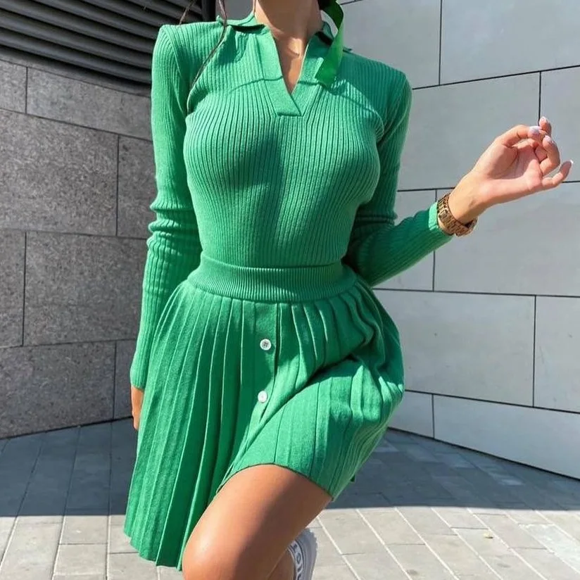 Elegant fashion Pleat Skirt Solid 2 pieces set of women dress outfit winter Casual Long Sleeve Dress sets for women