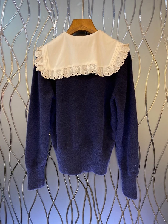

2020 autumn and winter new fashion women's clothing color matching lapel decoration long-sleeved all-match sweater 1120