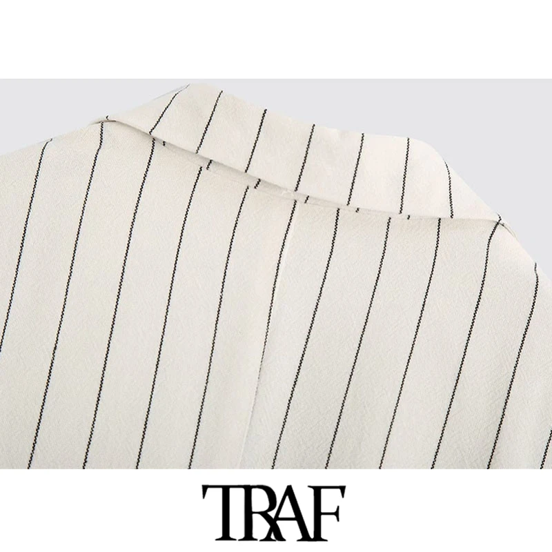 

TRAF Women Fashion Single Button Striped With Belt Blazers Coat Vintage Short Sleeve Pockets Female Outerwear Chic Tops