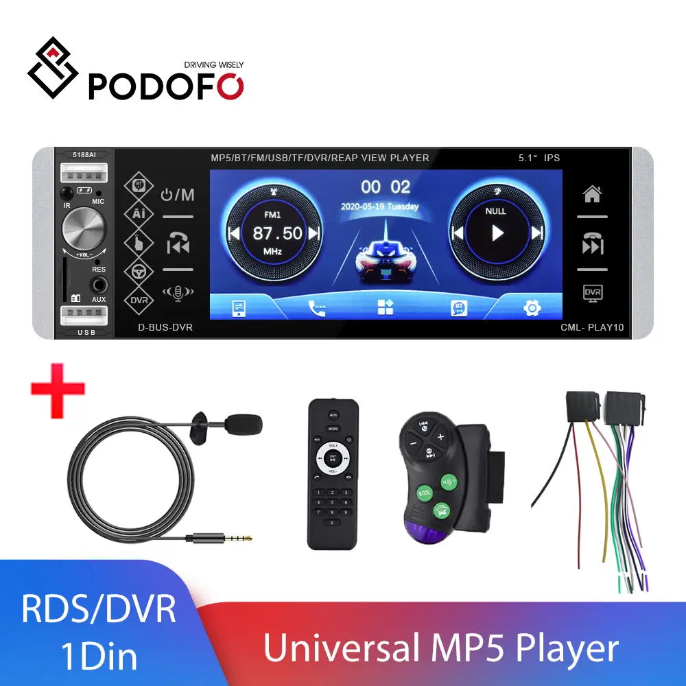 $52.17 Podofo 1 Din 5.1'' Universal RDS MP5 Car Radio Player Music Movie Player Voice Assistant With FM USB SD DVR Touch Screen