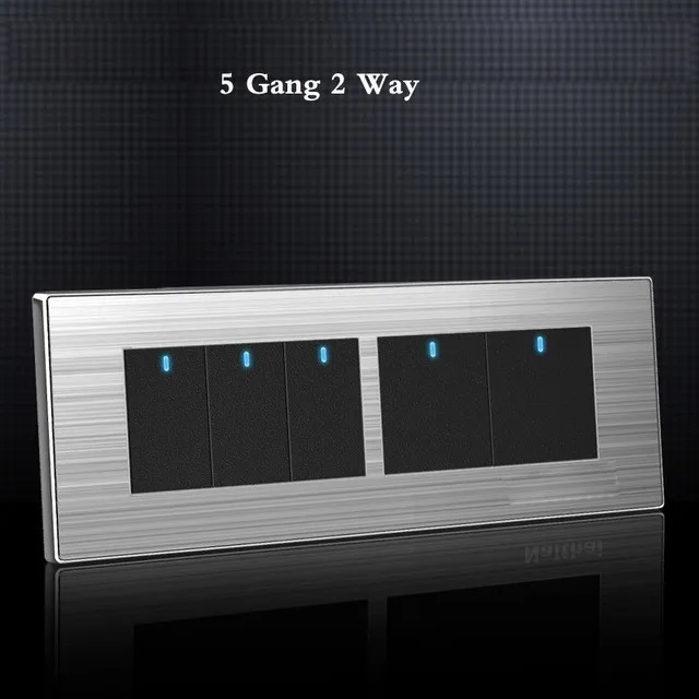 

5 Gang 2 Way Luxury Light Switch On / Off Wall Interruptor With Led Indicator Stainless Steel Panel 197* 72mm