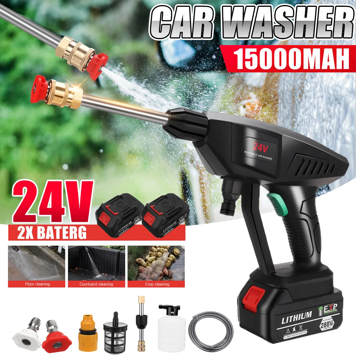 

24V Cordless Electric Car Washer Machine Kit 600W Portable High Pressure Battery Wash Water Gun Power Auto Spray Garden Tool