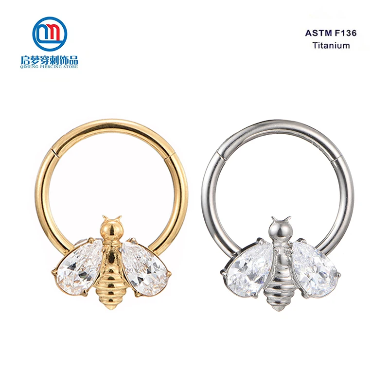 

ASTM F136 Titanium Hinged Clicker Nose Rings with Cubic Zircon Bee Ear Cartilage Piercing Jewelry