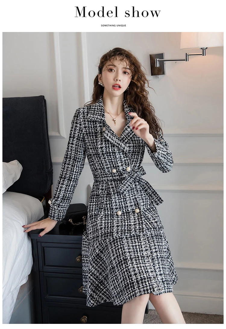 Autumn Winter Pink Plaid Tweed Wool Long Coat Women Notched Double Dreasted Sashes Ruffles Woolen Overcoat Mermaid Outerwear
