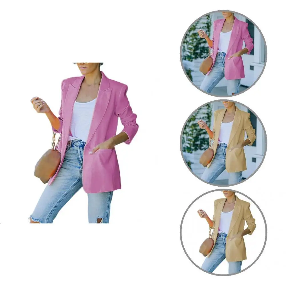 

Women Blazer Solid Color Graceful Comfy Turndown Collar One Button Suits Pockets Coat Suits Jacket for Office