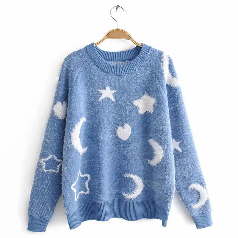 Women Clothes 2019 Autumn and Winter Round Neck Star Moon Pull Femme Pullover Sweater WZL1551 | Женская одежда