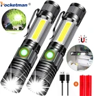 Суперъяркий светодиодный фонарик, перезаряжаемый от USB Магнитный масштабируемый фонарь с боковой подсветкой Cob, светодиодный фонарик с аккумулятором 18650