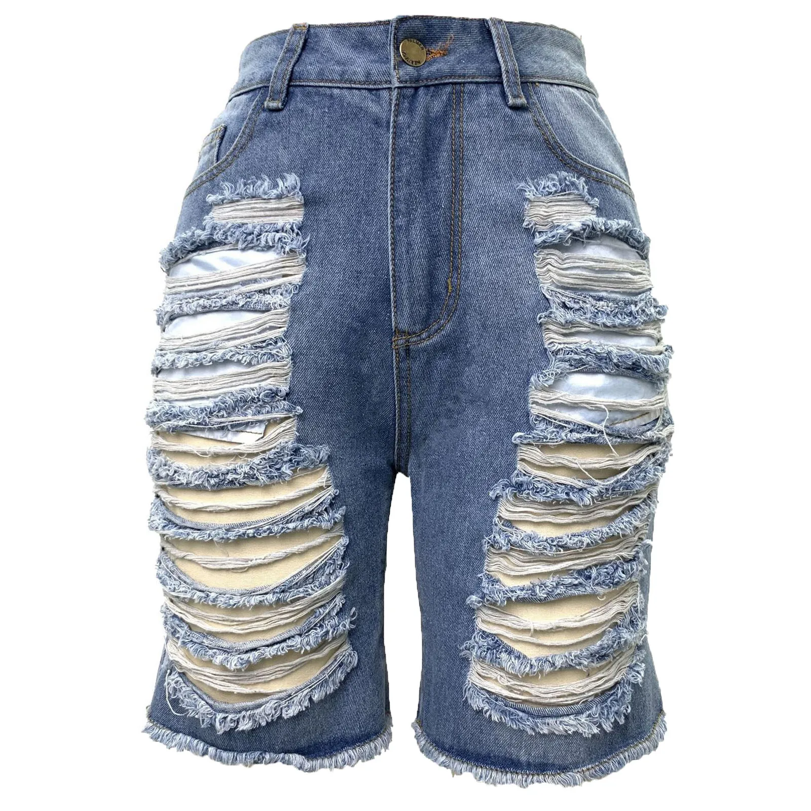 

2021 Fashion Womens Pocket Elastic Jeans Denim High Waist Solid Shorts Female Hole Botton Casual Shorts Short Feminino Shorts