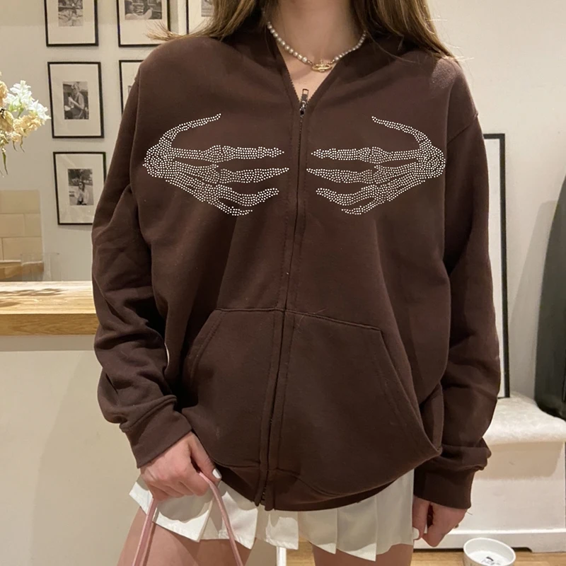 

Vintage Diamonds Hands Skeleton Print Sweatshirts Autumn Winter Zip Up Harajuku Loose Hooded Women Casual Outwear Jackets Coat