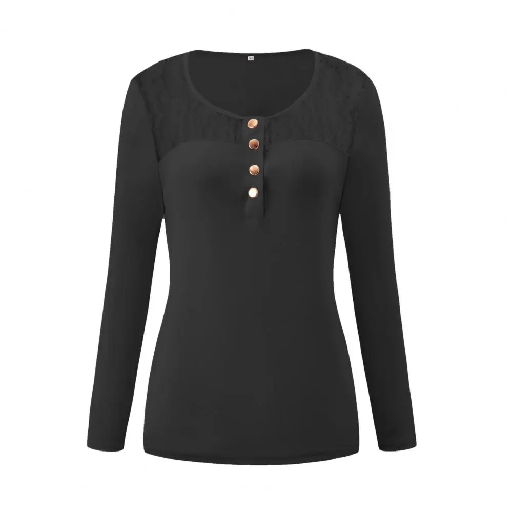 

Casual Women T-Shir Fashion Lace Patchwork Blouse Long Sleeve O Neck Buttons T-shirt Pullover Womens Clothing T Shirt Femme 2021