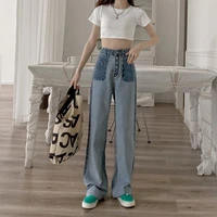 womens jeans korean version of traf pants buckle contrast color stitching high waist slimming jeans casual loose womens pants