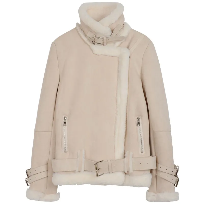 Зимняя Толстая теплая замшевая Женская куртка на молнии мотоциклетное замшевое