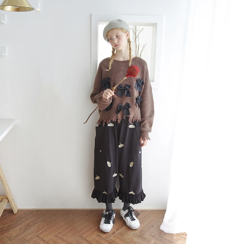 imakokoni brown bow sweater original design Japanese sweet long-sleeved shirt female autumn and winter 182461 | Женская одежда